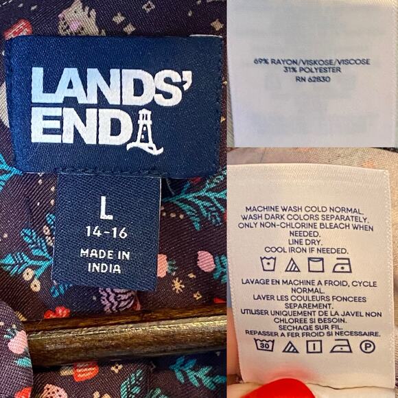 Lands' End Woodland Creature Balloon Sleeve Button Up Top Maroon size Large - Picture 5 of 5